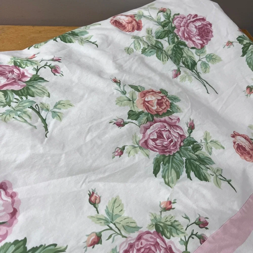 Vtg Laura Ashley Twin Duvet Cover Pink Cabbage Rose Floral Ticking Stripe Rev